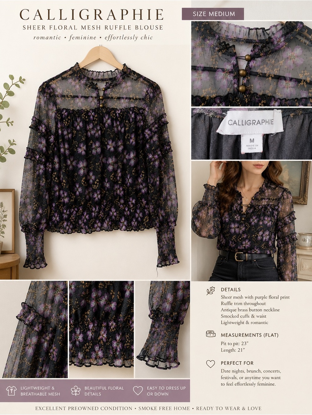 Calligraphie Sheer Floral Mesh Ruffle Blouse Purple Black Romantic Cottagecore M